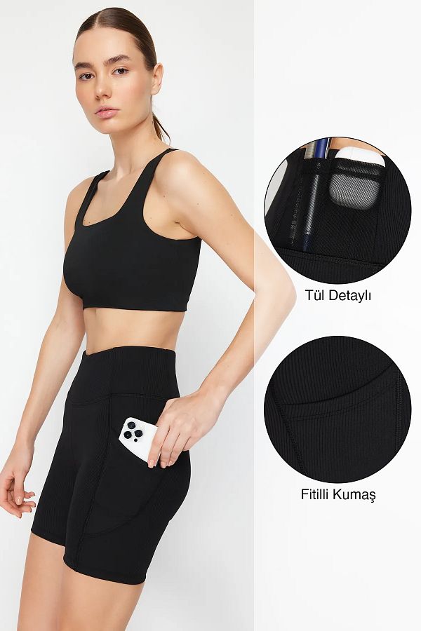 Trendyol Collection-Schwarze gerippte Sportshorts/kurze Leggings aus Tüll mit Wiederherstellungstaille THMSS24TY00005 1