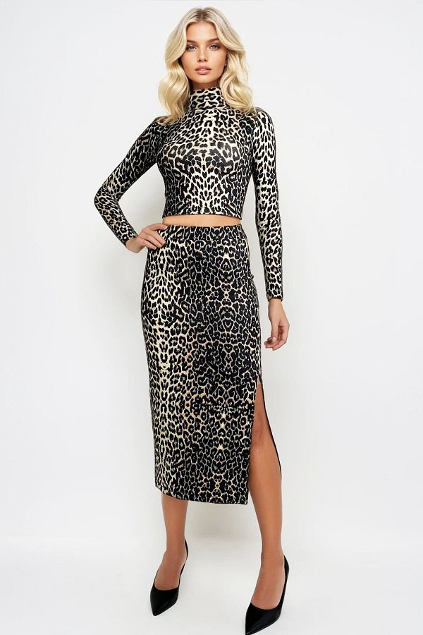 Trend Alaçatı Stili-Leopard Print Soft Textured Crop Blouse and Maxi Skirt Set - Alc-X13326 1