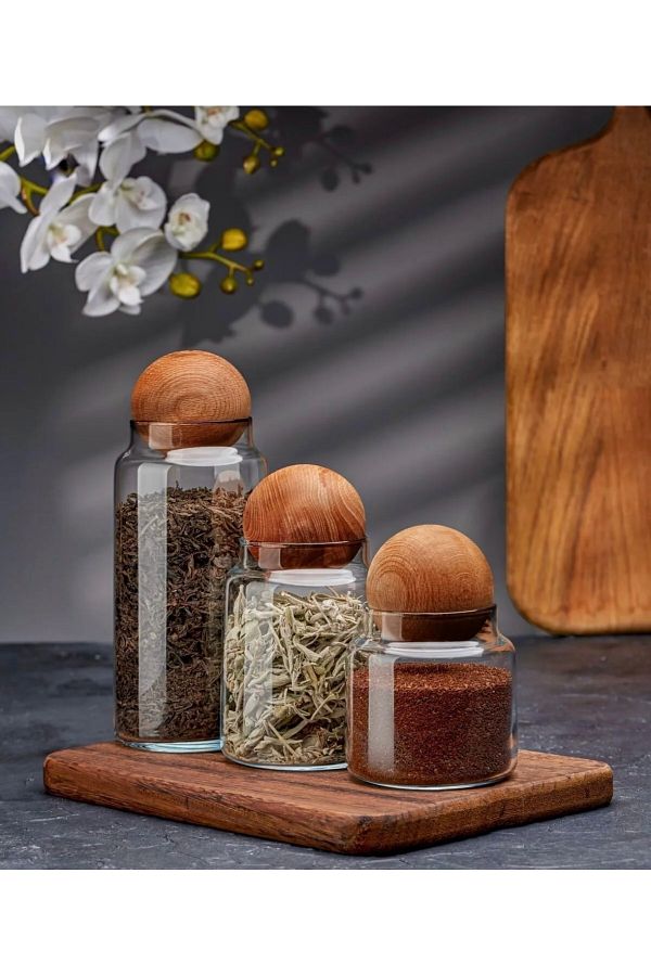 CEZVE HOME-Set of 3 Wooden Bubble Lids Glass Jars Spice Rack and Storage Container 1