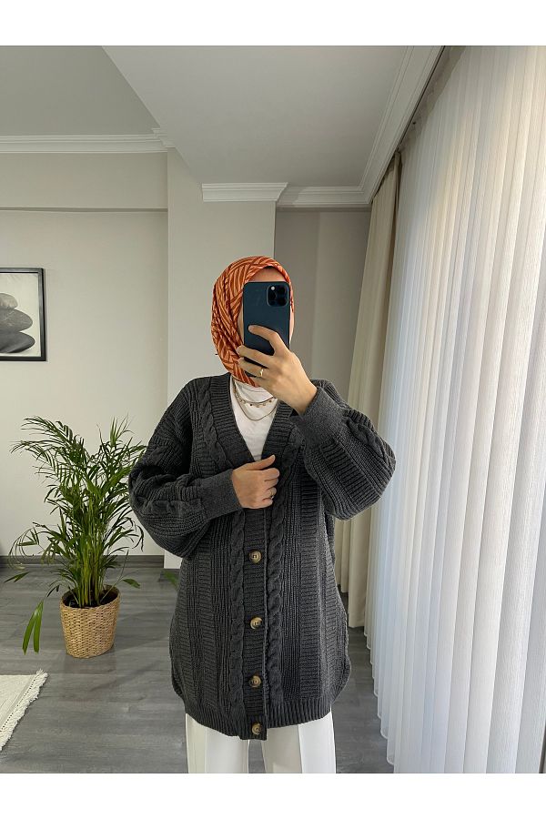 MOONSC-كارديجان نسائي محبوك بلون أنثراسايت - 5 أزرار، تفاصيل محبوكة بالشعر 1