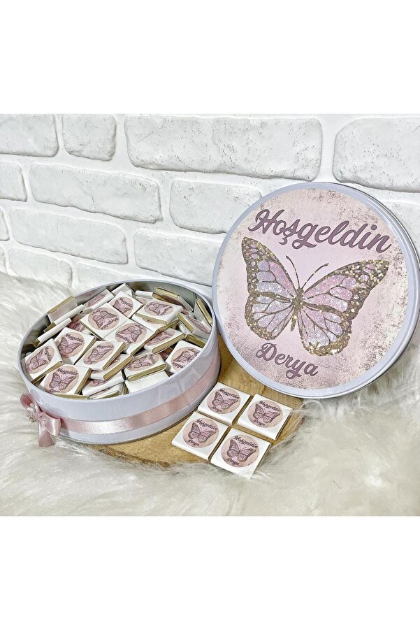 Angel Gift Chocolate 100 Adet Isme Özel Pembe Kelebek Hediyelik Hoşgeldin Kız Bebek Doğum Çikolatası