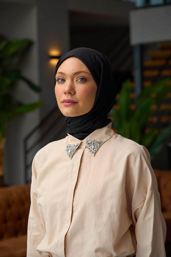 İpekhan-Plain Pattern Voile Shawl Black Voile Silk Shawl - 9800-24 1