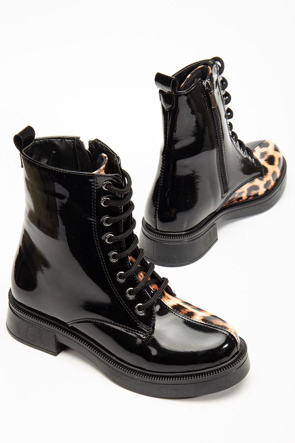 Velevance Black Patent Leather Leopard Lace up Zippered Casual Women s Boots Comfortable Stylish Elegant Design Trendyol