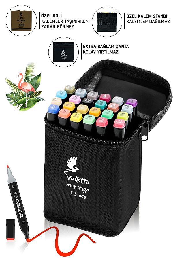 valletta-Moringa 24-Piece Double Sided Art Marker Felt Tip Pen Set with Bag 1