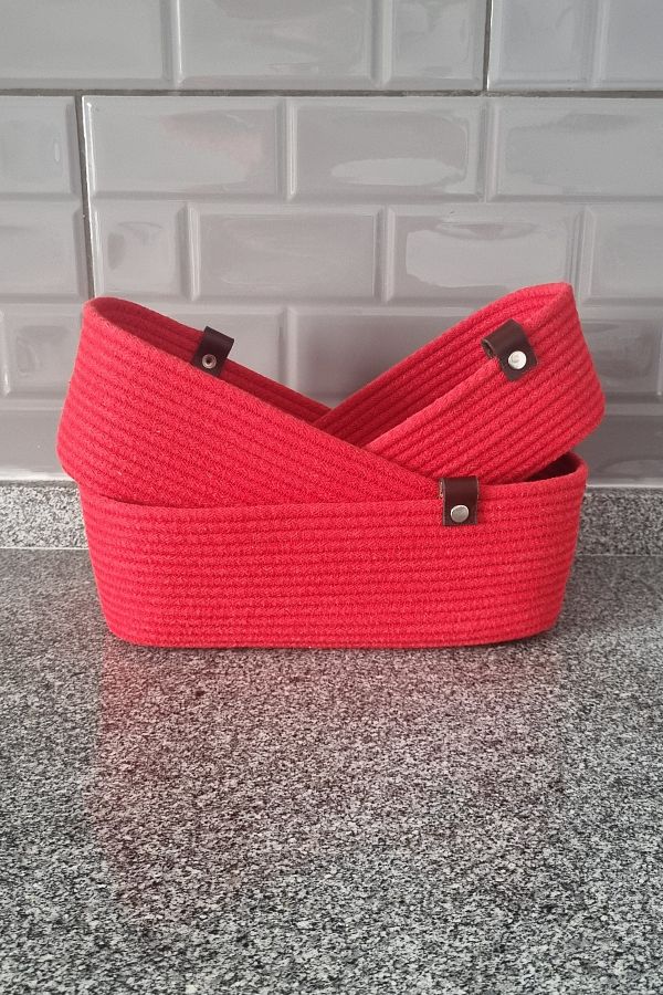 MKY-Set of 3 Rectangular String Basket - Cotton and Wicker Organizer, Jute Basket Red 1