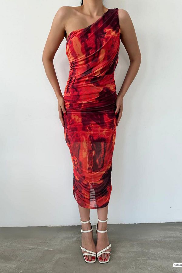 Deafox-One Shoulder Red Patterned Draped Midi Dress 1
