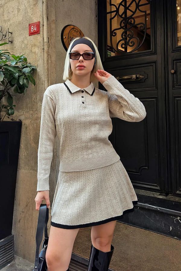 Cistern İstanbul-Women's Beige Polo Neck Stripe Detailed Skirt Sweater Double Set 1