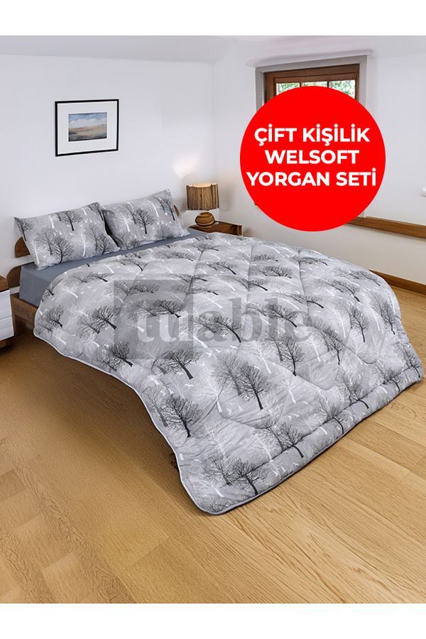 Tuable-Set pilota din bumbac gri cu model arbore dublu fata dubla vara iarna silicon 195x215 cm 1