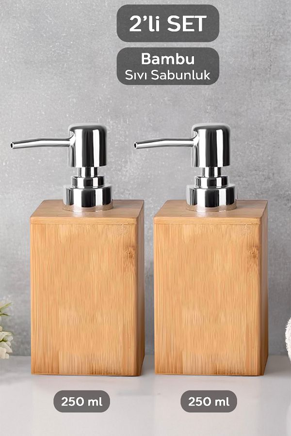 Meleni Home-Set de 2 dozatoare de sapun lichid din bambus - Bucatarie Baie Sapun lichid Sticla de detergent pentru vase 250 ml 1