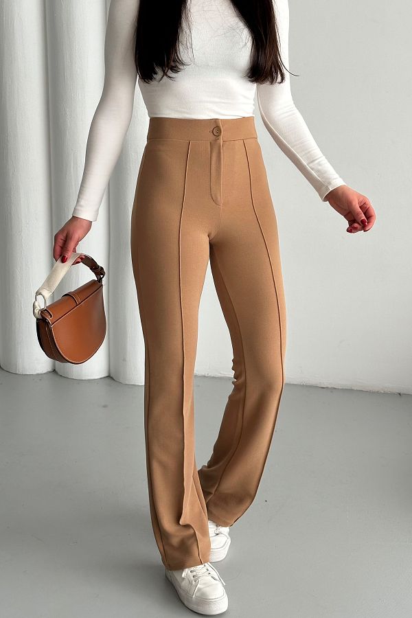 MODAGEN-Női Camel Lycra Palazzo magas derekú nadrág 1