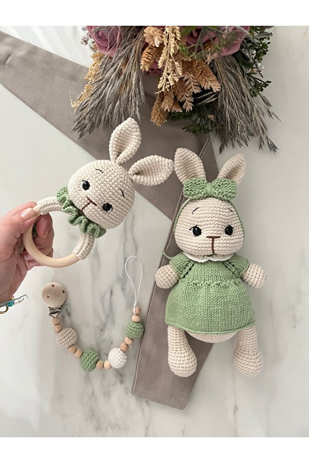 Zey's Amigurumi Amigurumi Yenidoğan Set Tombik Tavşan Uyku Arkadaşı Çıngırak Emzik Zinciri