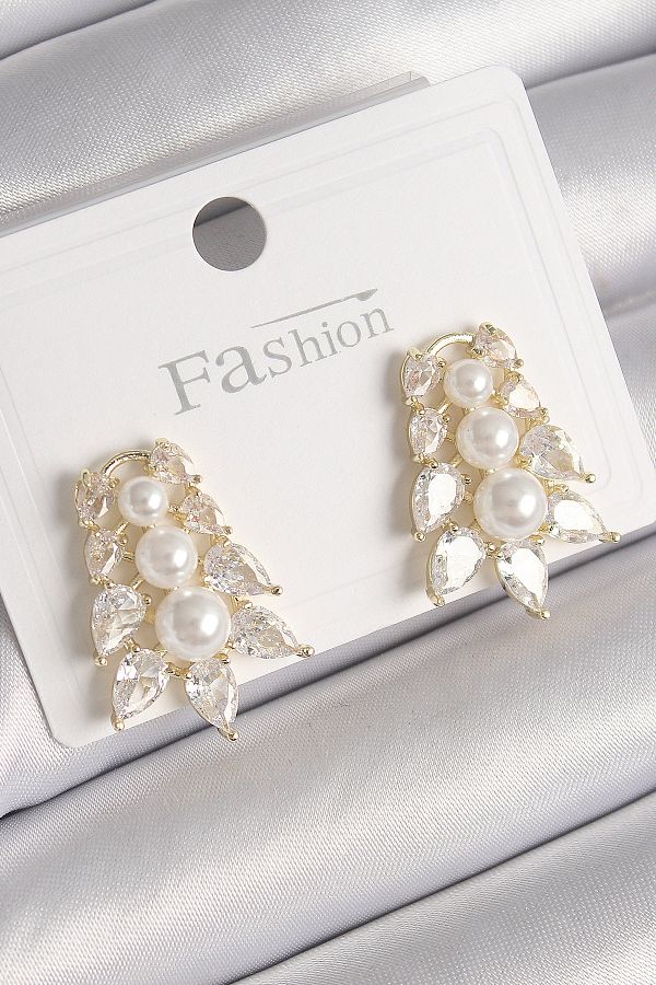 SeyCey.co-Brass Gold Color Zircon Stone Leaf Model Pearl Detail Women's Earrings 1