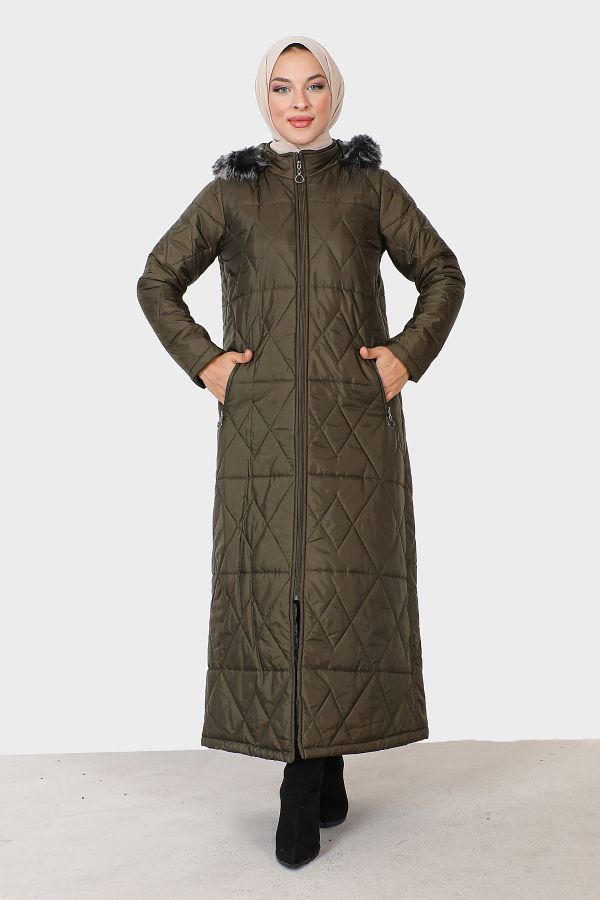 Tesettür Dünyası-Quilted Coat with Zipper Pocket TSD230914 Khaki 1