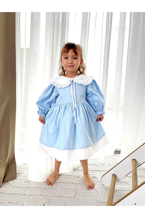 Baby Berry Baby store Kız Bebek Çocuk Bebe Yakalı Fiyonklu Elbise-Mavi (Fiyonk Çıkarılabilir)