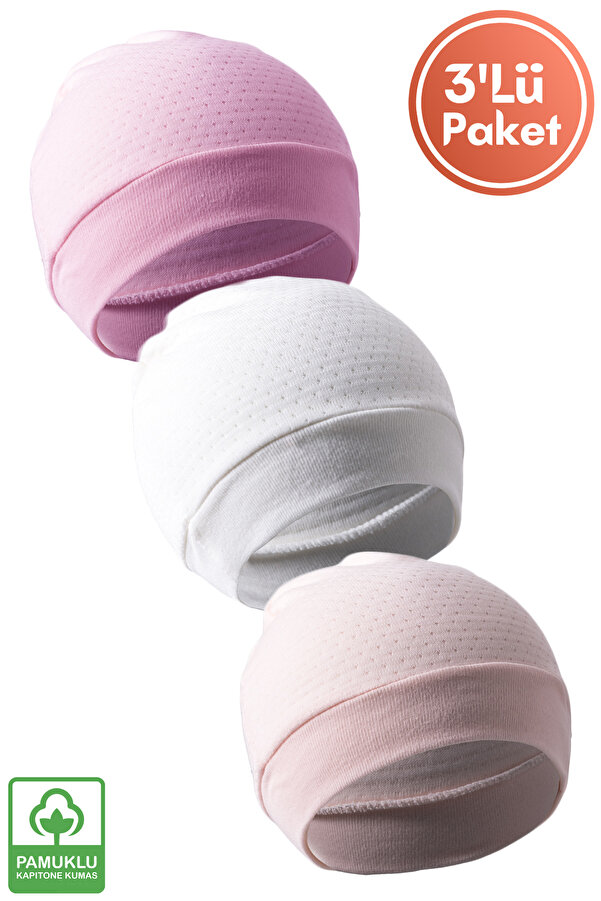 Miniel Unisex Bebek Organik Pamuklu Kapitone Kumaş Yenidoğan 3Lü Bebek Bere Renkli Set