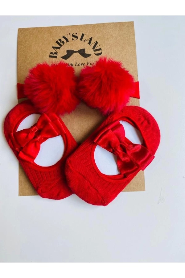 Genel Markalar Okul Çorabı Kız Bebek/çocuk Kırmızı Ponponlu Lastik Bandana Ve Kırmızı Babet Çorap