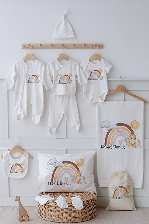 Astral Baby İsimli %100 Organik Pamuk 12'li Hastane Çıkışı Gökkuşağı Bulut Ve Hayvanlar