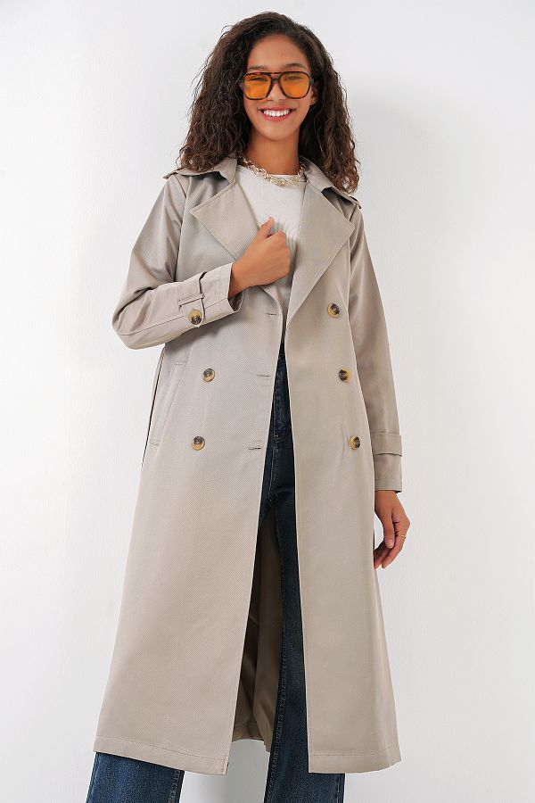 Bigdart-5940 Langer Trenchcoat mit zweireihigem Kragen für Damen – Stone 1