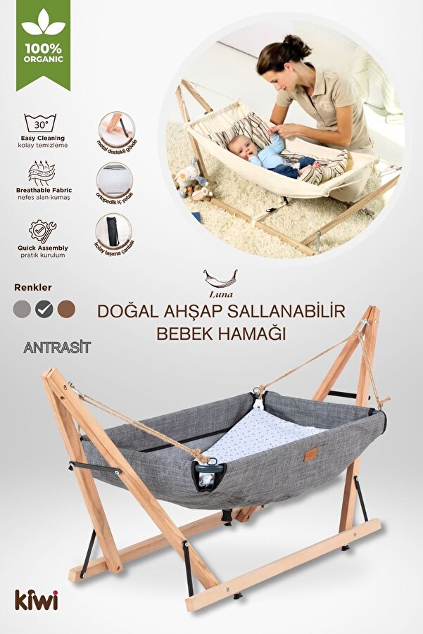 Kiwi Luna Ahşap Katlanabilir Çantalı Bebek Hamağı - Antrasit