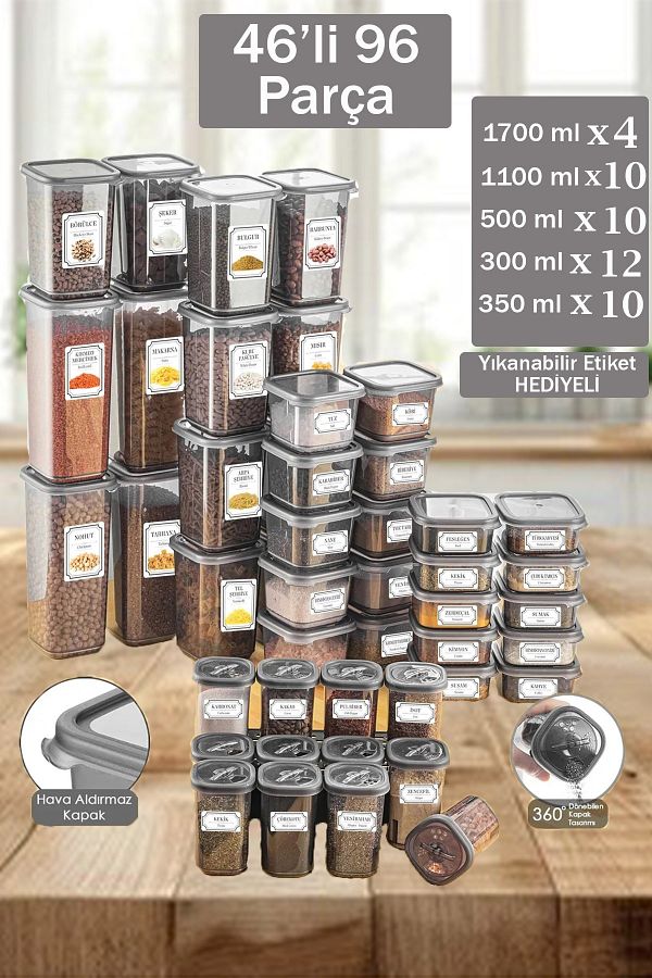 Home-Lia 92 Pieces Square Food and Pulses Storage Container Seasoning Set 12X300Ml 10X(350Ml500Ml1100Ml)4X1700Ml 1