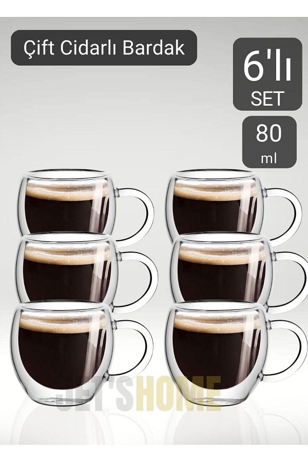 Jet's Home-Set of 6 Espresso Glasses with Handle - Doppio Ristretto and Turkish Coffee Glasses with Double Walls 80 ml 1