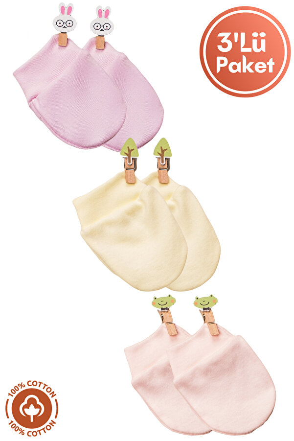 Miniel Kız Bebek Yenidoğan Penye Organik Pamuklu Bebek Eldiveni 3lü Set - Renkli