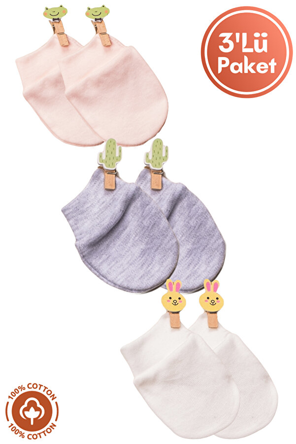 Miniel Kız Bebek Yenidoğan Penye Organik Pamuklu Bebek Eldiveni 3lü Set - Somon