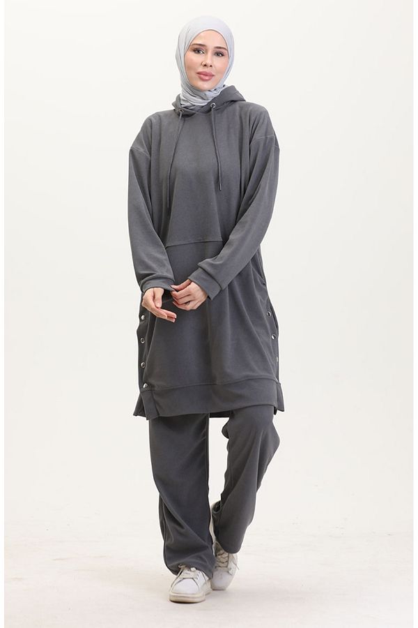 sefamerve-Astana Fabric Hooded Tunic Trousers Double Suit 0553-01 Szary 1