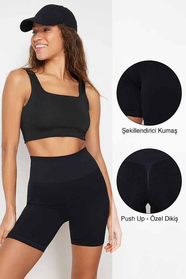 Trendyol Collection-Czarne bezszwowe/bezszwowe spodenki sportowe z dzianiny push-up/krótkie legginsy THMSS24TY00008 1