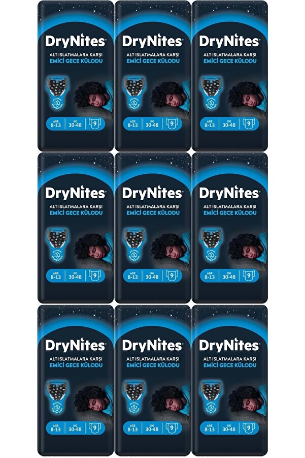 DryNites Emici Gece Külodu/Külot Bez Erkek 8-13 Yaş 30-48KG Large 81 Adet 9PK*9 AltIslatmalara Karşı