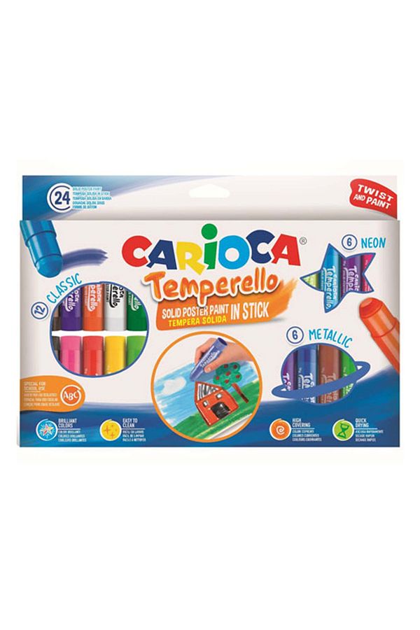 CARIOCA-Set of 24 Solid Tempera Pencils, Washable, High Coverage and Quick Drying, Temperello 1