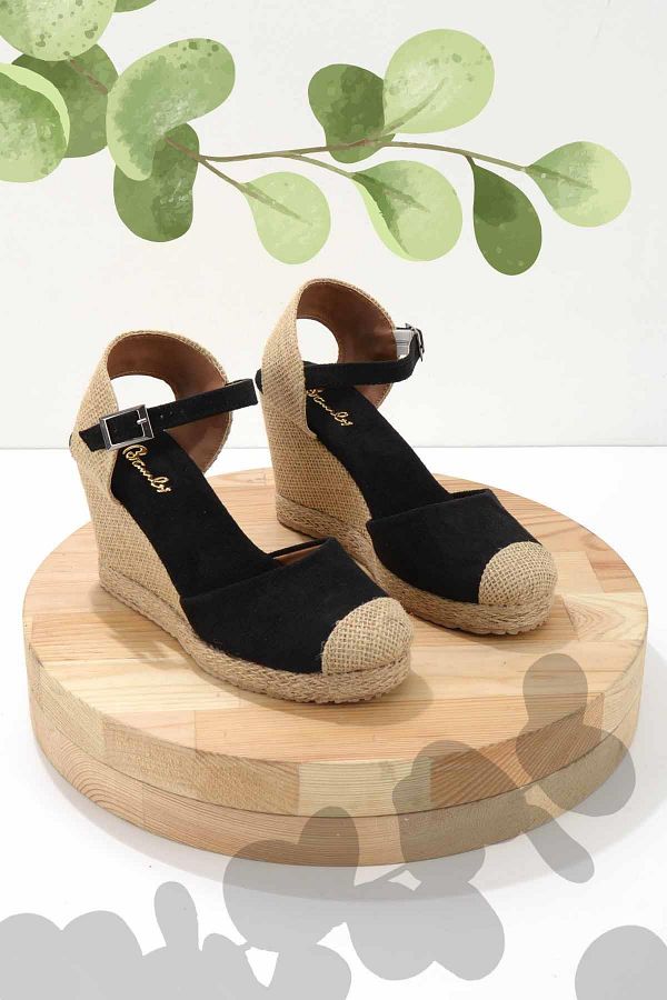 Bambi-Schwarze Damenschuhe mit Keilabsatz aus natürlichem Wildleder K01874055565 1