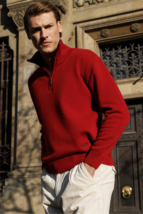 Desen Triko-Men's Zipper Collar Classic Wool Sweater Red 1