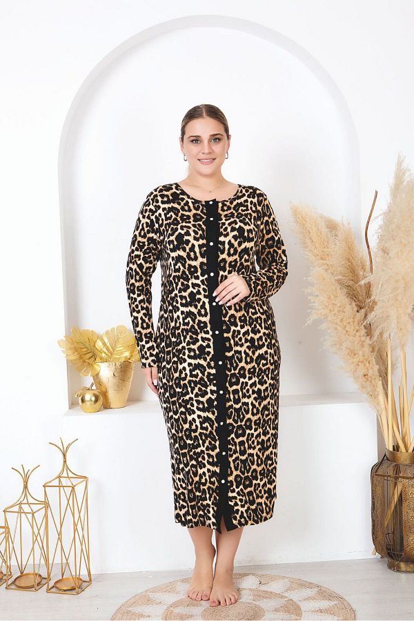 makkash-Leopard Print Lycra Oversize Plus Size Tunic Nightgown - Front Button, Cotton 1