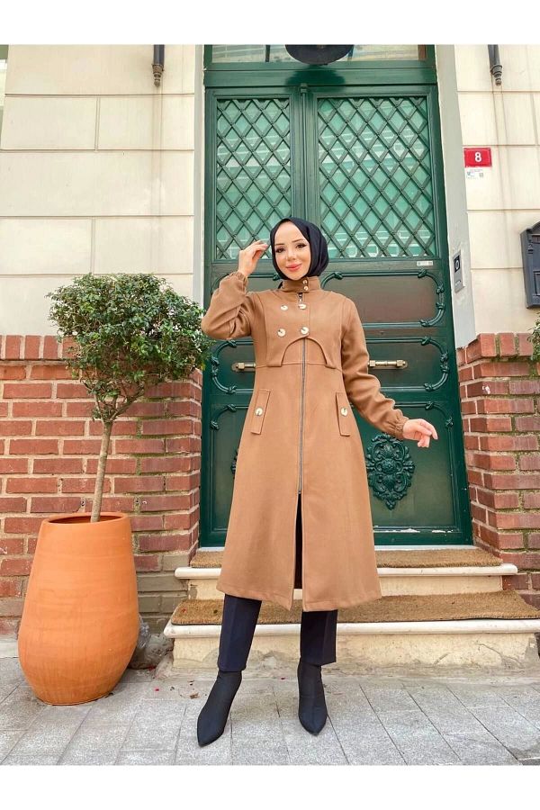 Nevayla Moda-Intermediate Size Buttoned Front Imported Cashmere Coat / M0111 - Tan 1