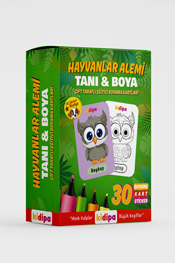 Kidipa | Hayvanlar Alemi Tanı & Boya - Çift Taraflı Eğitici Boyama Kartları 30 Sticker Hediye