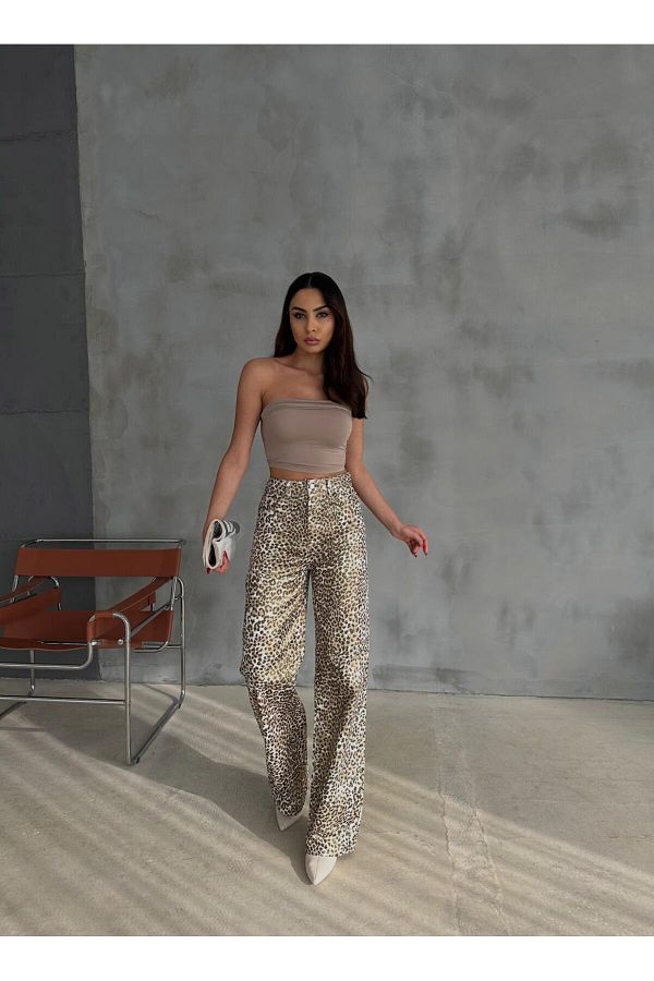 Zeo Basic-Zeo Basic Gold Leopard Patterned Varak Printed Wide Leg Pants 1