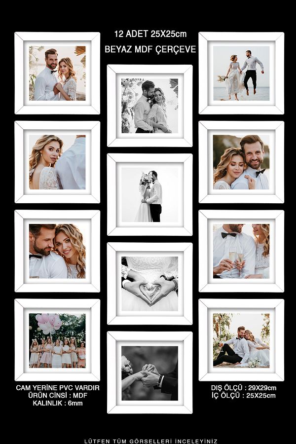 bymat-12 Pieces 25x25 Frame - White Frame - MDF Square Frame - Multiple Photo Frame Set 1