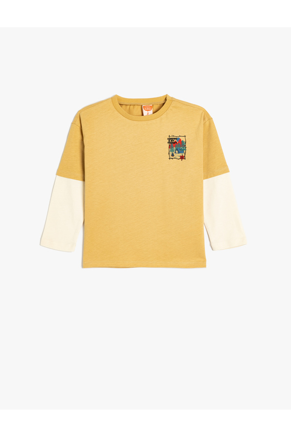 Koton Bisiklet Yaka Baskı Detaylı Uzun Kollu Pamuklu Tişört