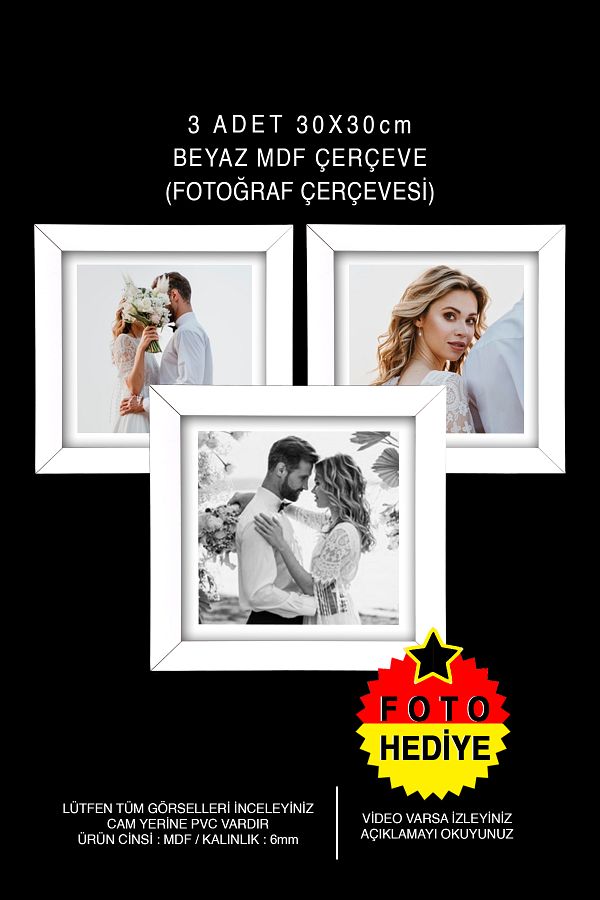 bymat-3 Pieces 30x30 Frame - White Frame - MDF Square Frame - Multiple Photo Frame Set 1