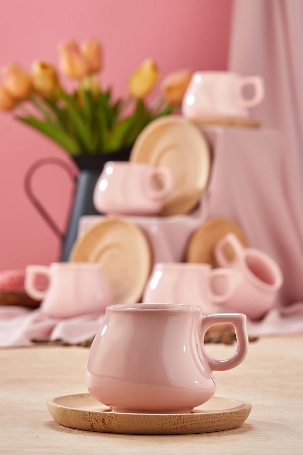 Babion-Luxury 12-Piece Coffee Cup Set for 6 People with Wooden Plate, Pink Cup Set 1