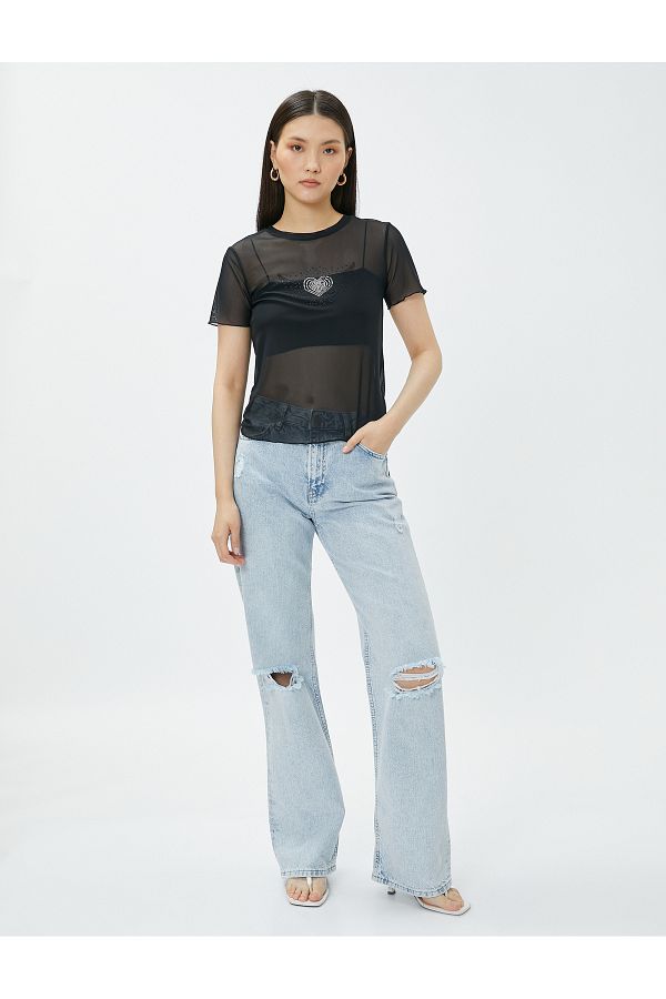 Koton Transparent T Shirt Stoned Short Sleeve