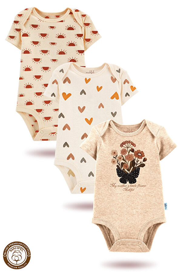 MAHFEL %100 Pamuklu 3'lü Organik Baskılı Çıtçıtlı Bebek Body Zıbın