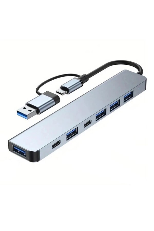 Choice-موزع USB 7 في 1 باللون الرمادي مع قارئ بطاقات مقسم، منفذ USB C، USB 3.0 / 2.0، قارئ بطاقات مقسم Sd/tf 1
