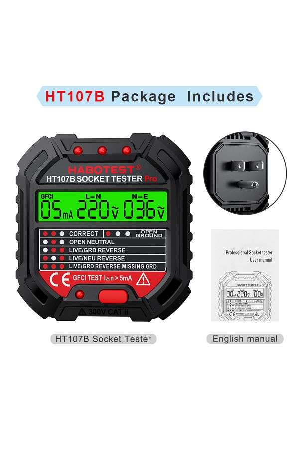 Choice-HABOTEST HT107 Socket Tester Pro Voltage Test RCD 5/30mA Socket Detector Ground Zero Line Plug Po... 1