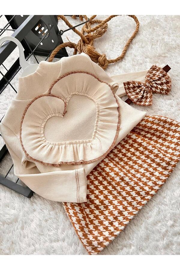 BAHNUR BEBEK KAHVERENGİ KAZAYAĞI ETEK BLUZ VE BANDANA SETİ TAKIMI
