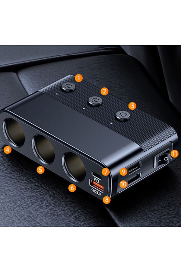 Choice-Black 7-in-1 128w Car Charger Adapter Pd Qc3.0 Socket Cigarette Lighter Splitter C28 Conversion Plug 1