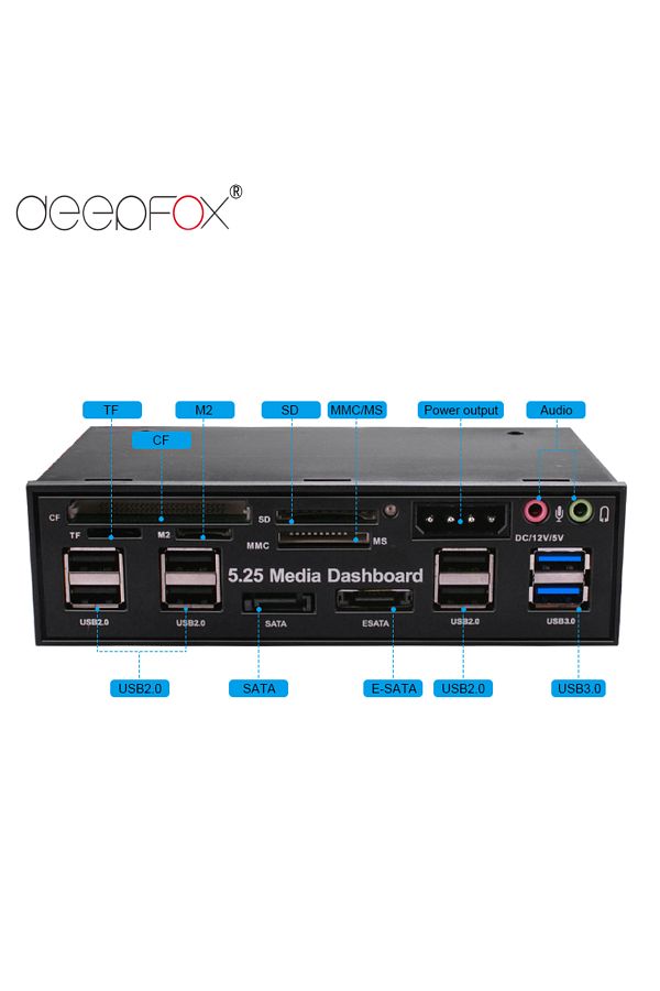 DeepFox-قارئ بطاقات لوحة معلومات الوسائط متعدد الوظائف باللون الأحمر مقاس 5.25 بوصة بمنفذ USB 2.0 ومنفذ USB 3.0 بمنفذ E-sata 20 Pin 1
