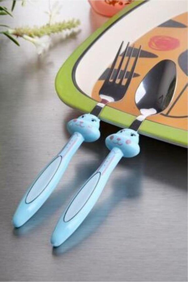 RAMDET Çocuk Çatak Kasık Seti Mavi 2'li Bebek Mama Seti Figürlü Çelik Çatal Kaşık