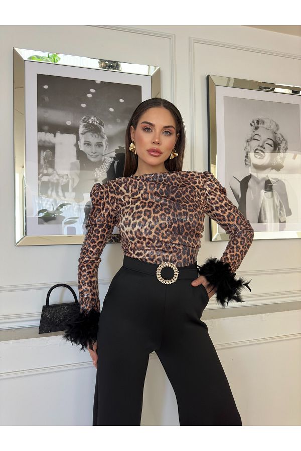 1Moda1Tarz-Leopard Print Sequined Fabric - Lining Design Jumpsuit Dress with Openwork Sleeves and Belt 1